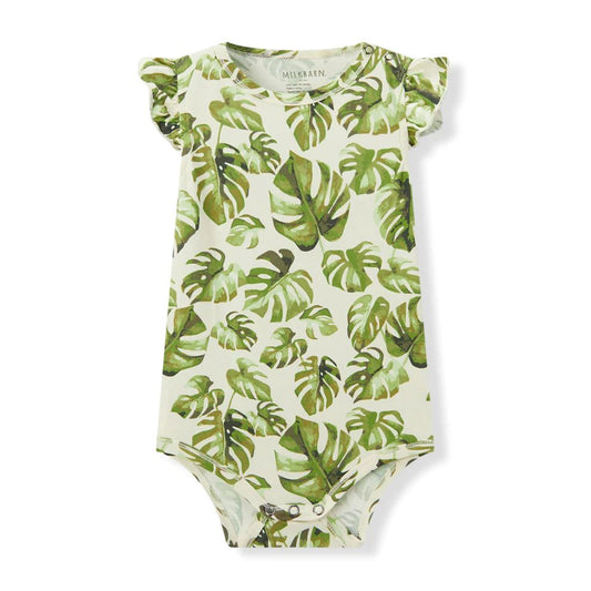 Milkbarn Island Leaf Cotton Stretch Ruffle One Piece