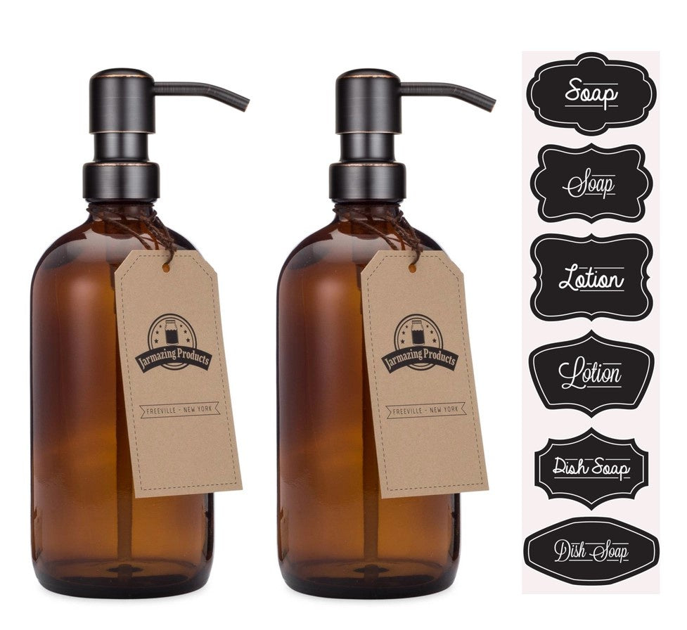 Amber Glass Bottles with Oil-Rubbed Bronze Dispenser