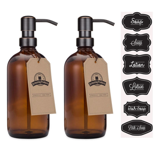 Amber Glass Bottles with Oil-Rubbed Bronze Dispenser