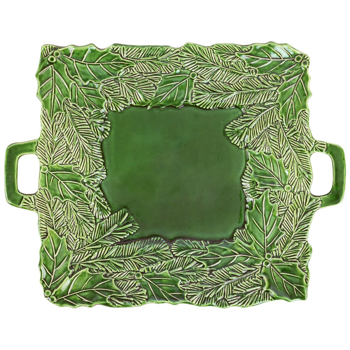 Vietri Lastra Holiday Green Figural Handled Square Platter