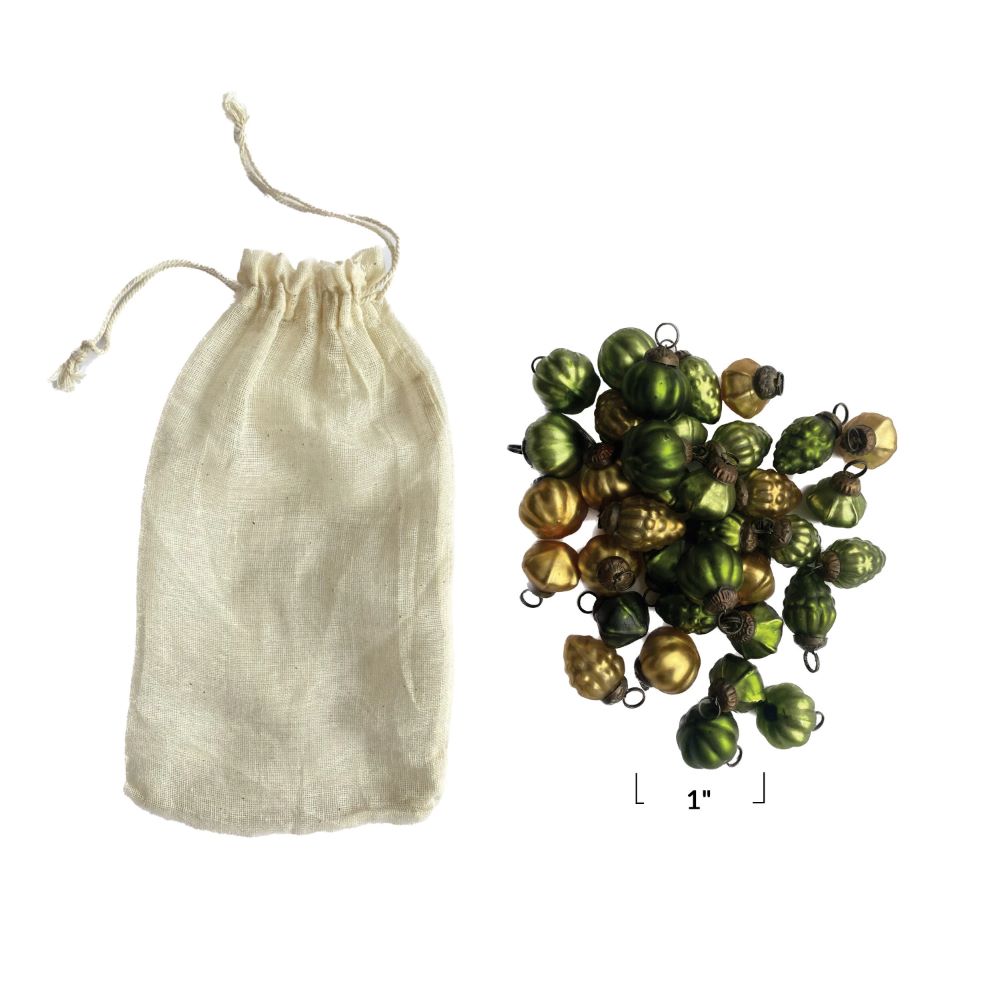 Green & Yellow Recycled Embossed Mercury Glass Ornaments in Muslin Bag