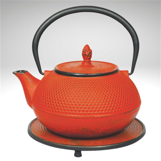 Red Arare Cast Iron Teapot with Trivet