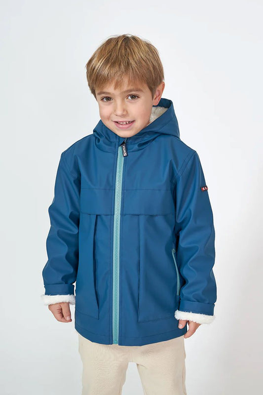 Marine Blue Kids Raincoat with Sheepskin Lining