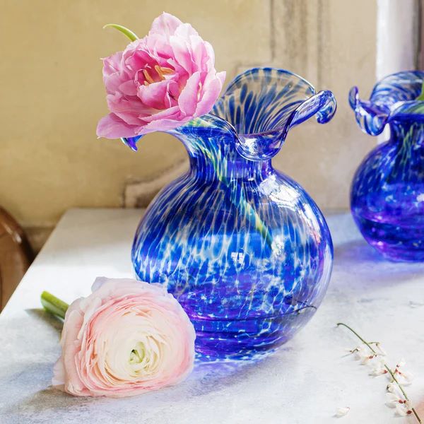 VIETRI Hibiscus Glass Cobalt Tortoiseshell Small Fluted Vase