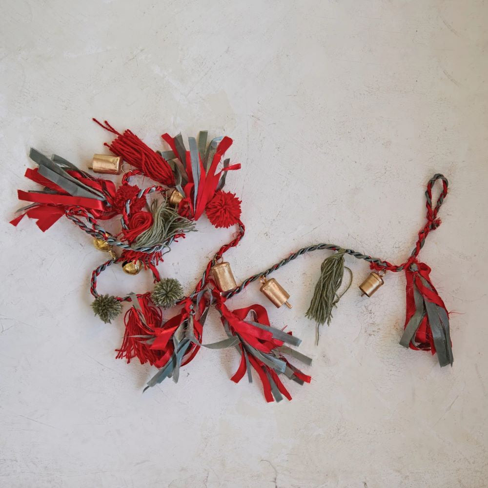 Metal Bells Garland with Pom Poms, Tassels & Fabric Remnants