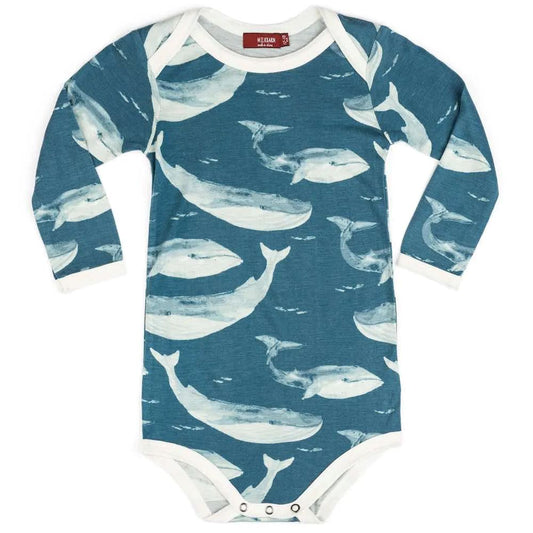 Milkbarn Blue Whale Bamboo Long Sleeve One Piece