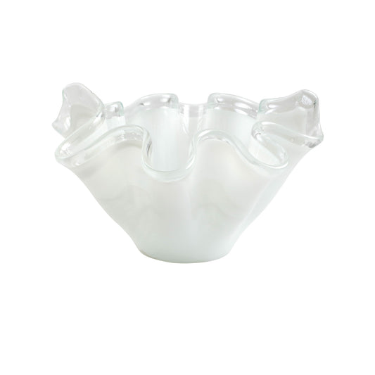 VIETRI Onda Glass White Large Bowl with Clear Rim