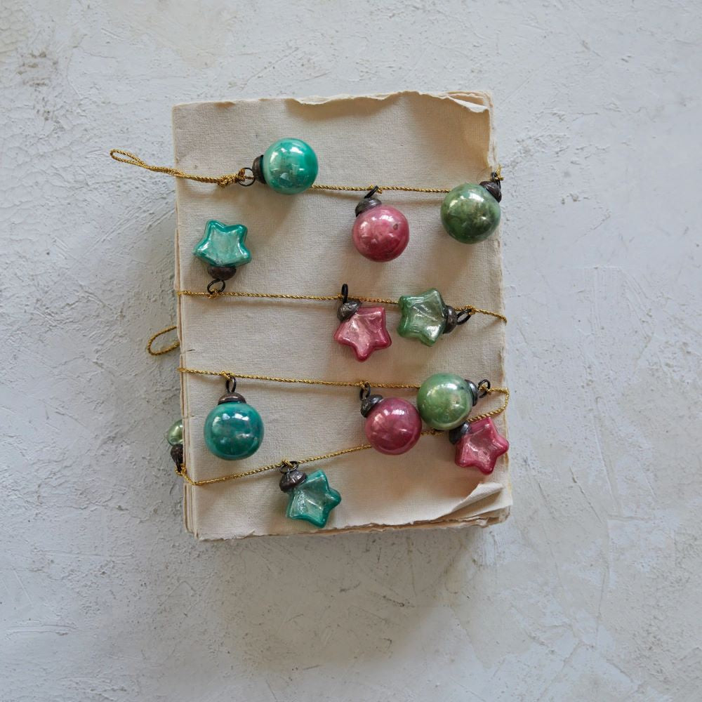 Pink, Green & Mint Mercury Glass Ornament Garland with Gold Cord