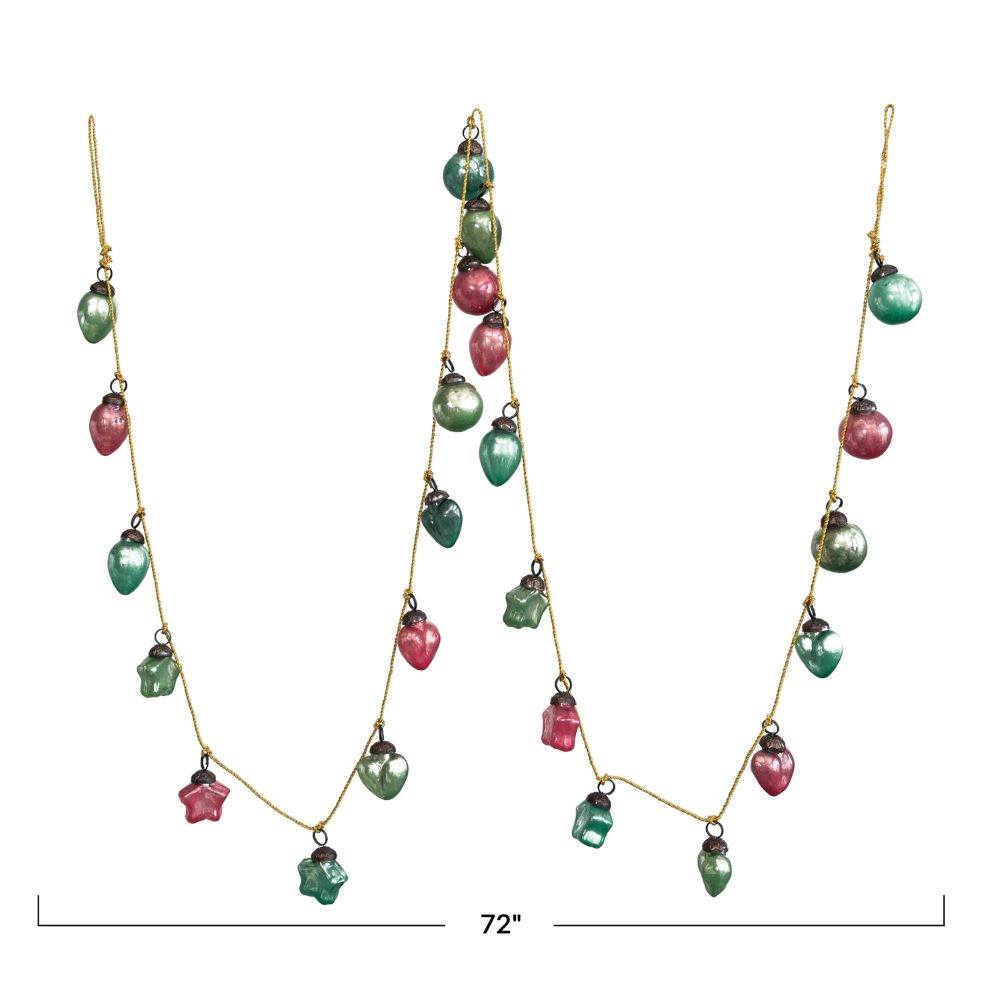 Pink, Green & Mint Mercury Glass Ornament Garland with Gold Cord