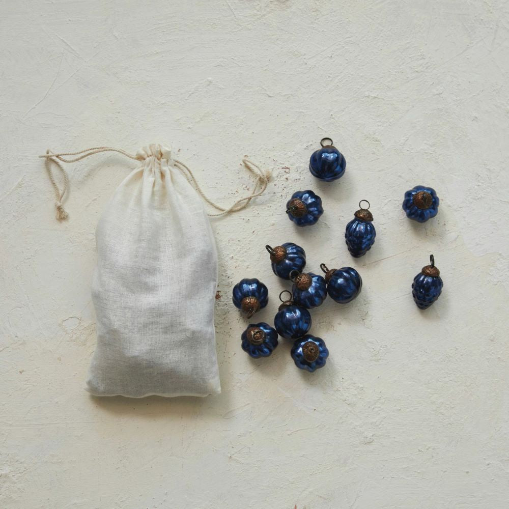 Blue Recycled Embossed Mercury Glass Ornaments in Muslin Bag