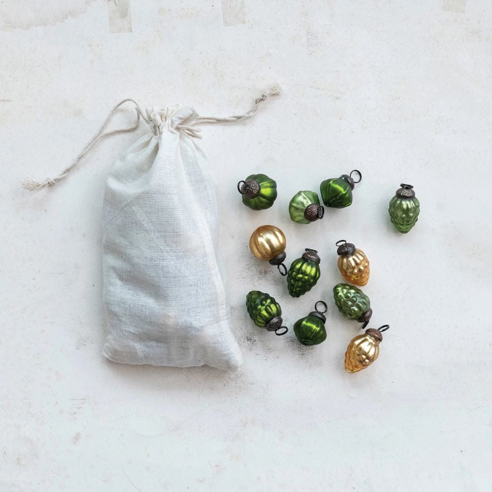 Green & Gold Recycled Embossed Mercury Glass Ornaments in Muslin Bag