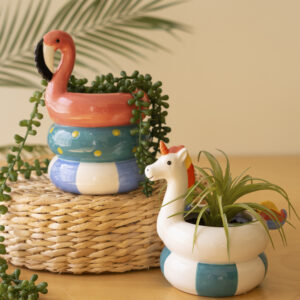 Set of Two Ceramic Flamingo and Unicorn Swiming Vases