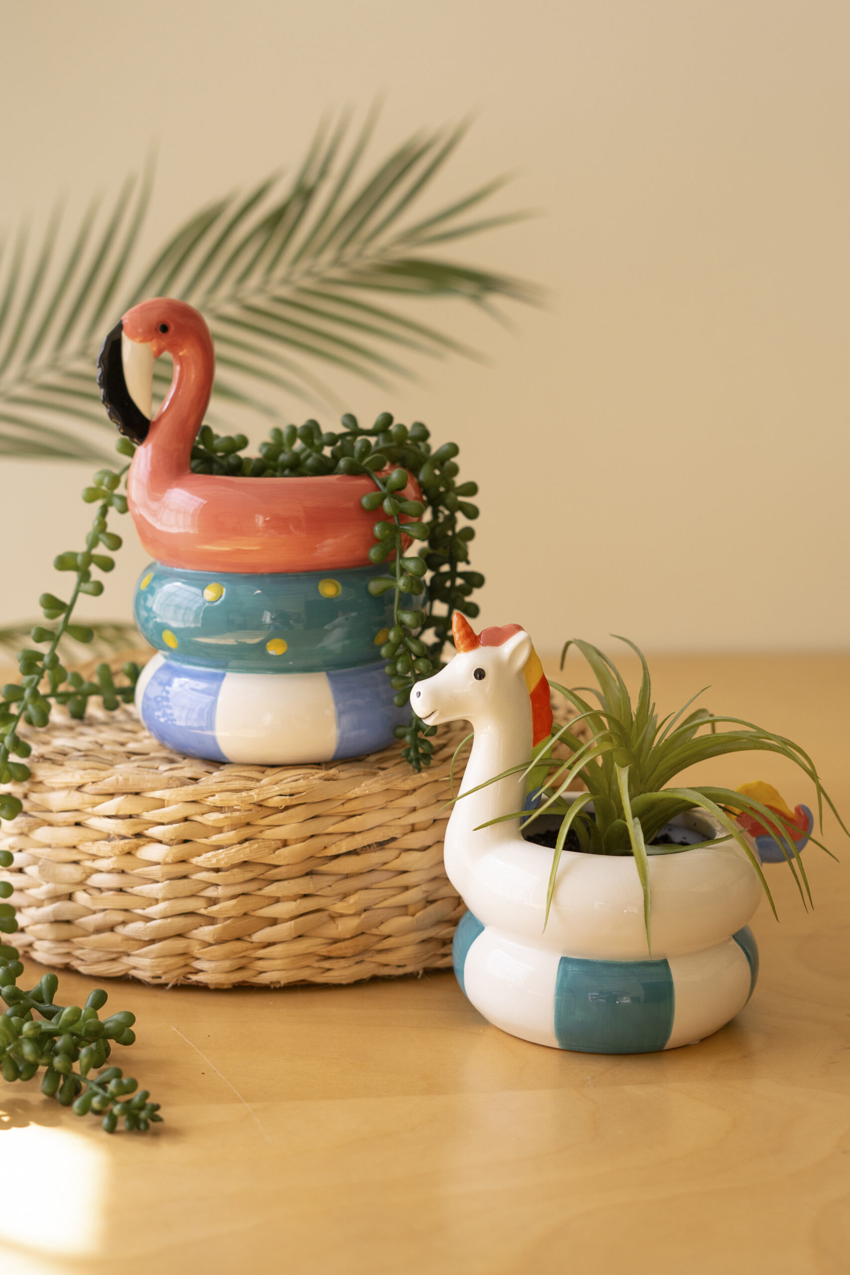 Set of Two Ceramic Flamingo and Unicorn Swiming Vases