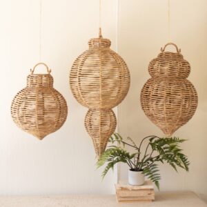 Set of Three Large Woven Seagrass and Iron Ornaments