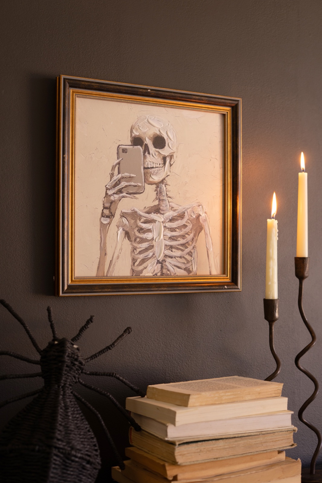 Framed Halloween Skeleton with Cell Phone Painting