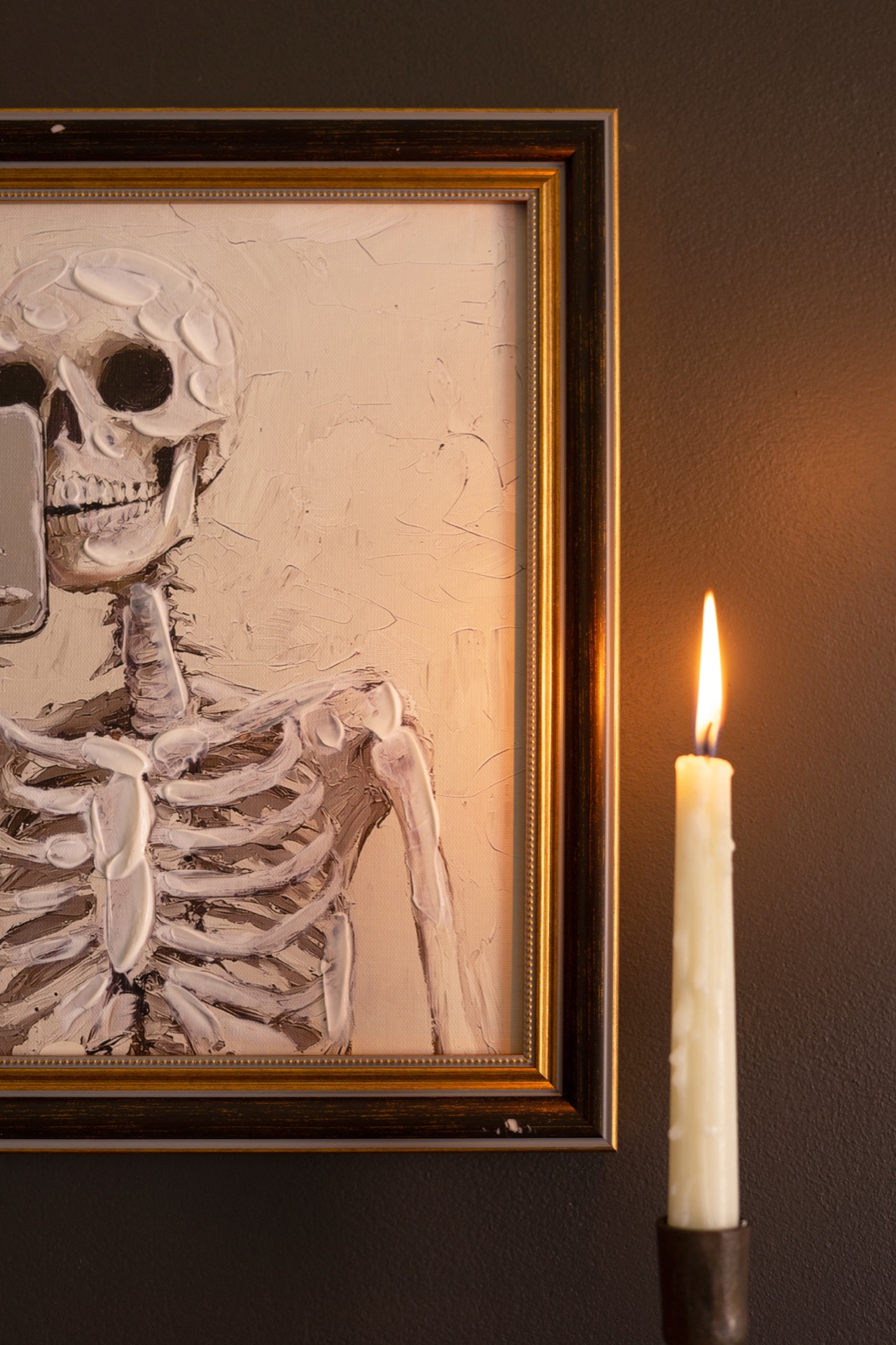 Framed Halloween Skeleton with Cell Phone Painting