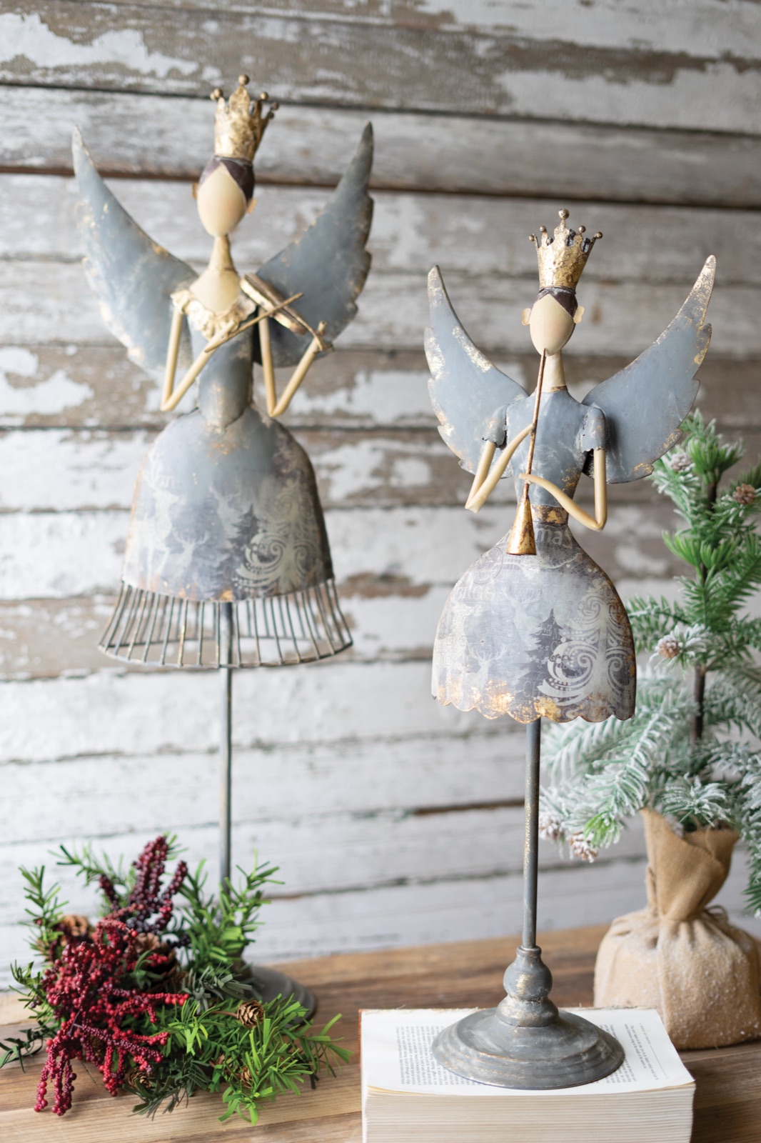 Set of Two Metal Angels Playing Musical Instruments