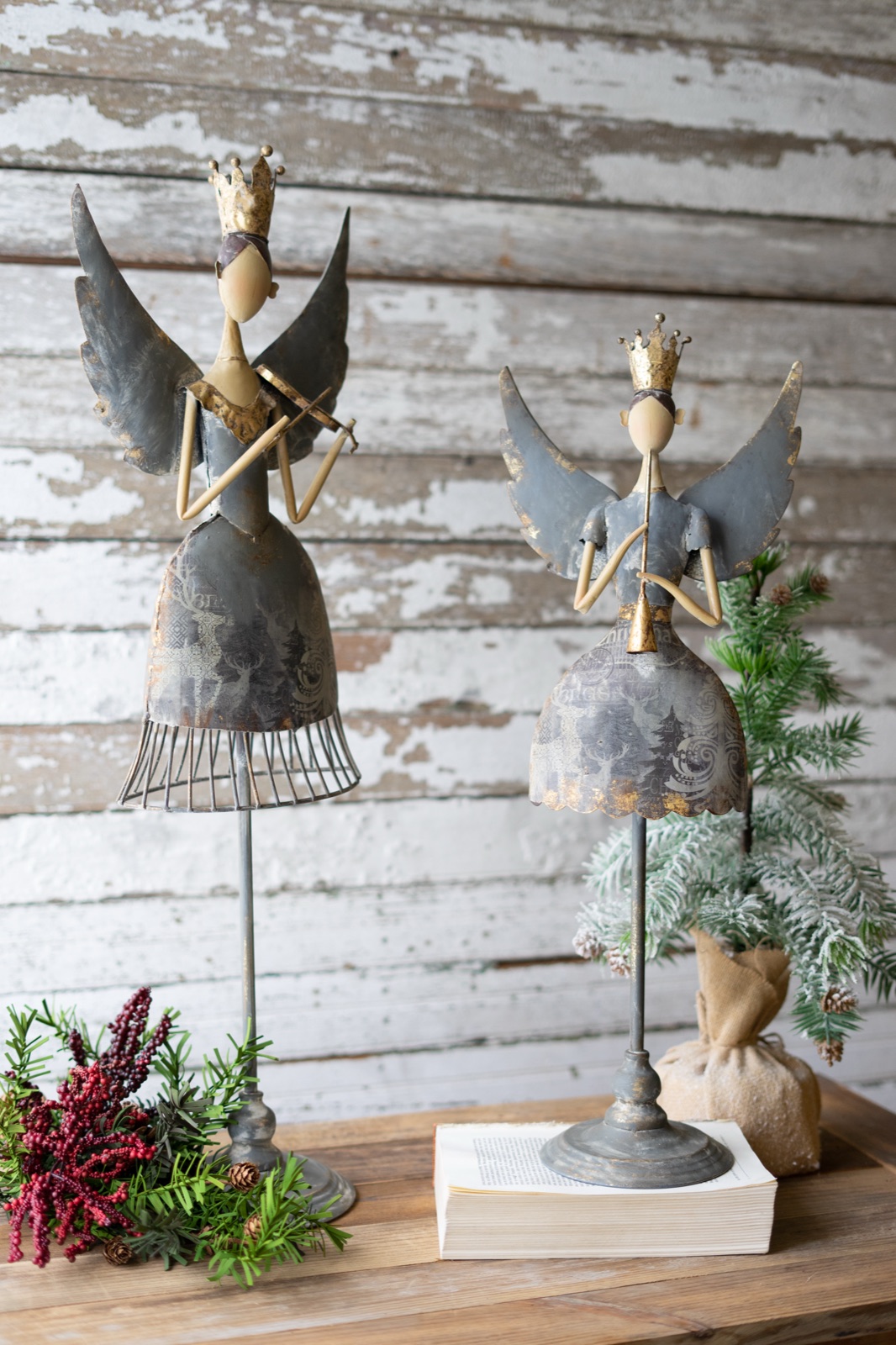 Set of Two Metal Angels Playing Musical Instruments