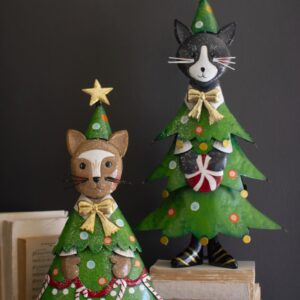 Set of Two Painted Metal Cat Christmas Trees