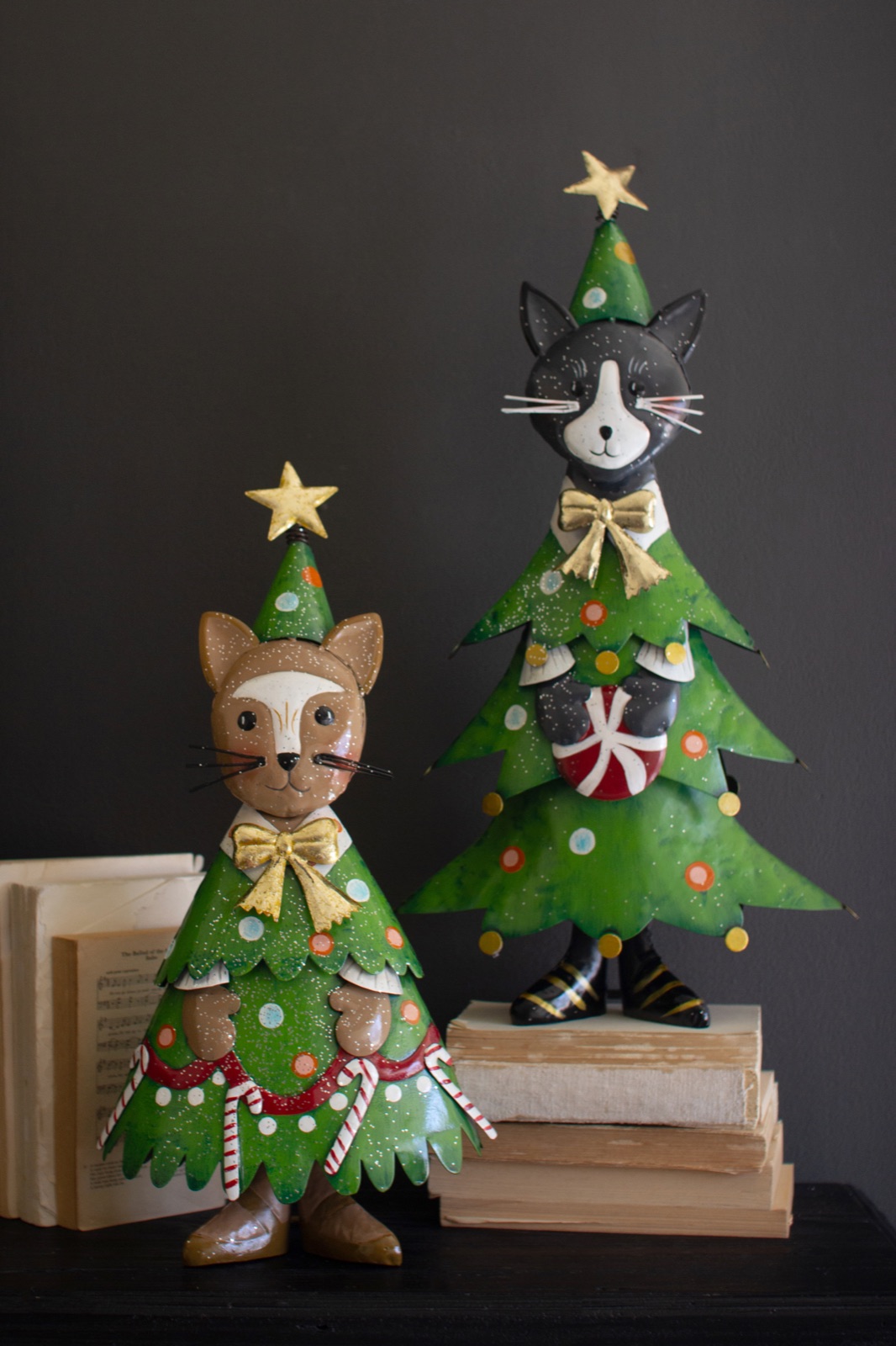 Set of Two Painted Metal Cat Christmas Trees