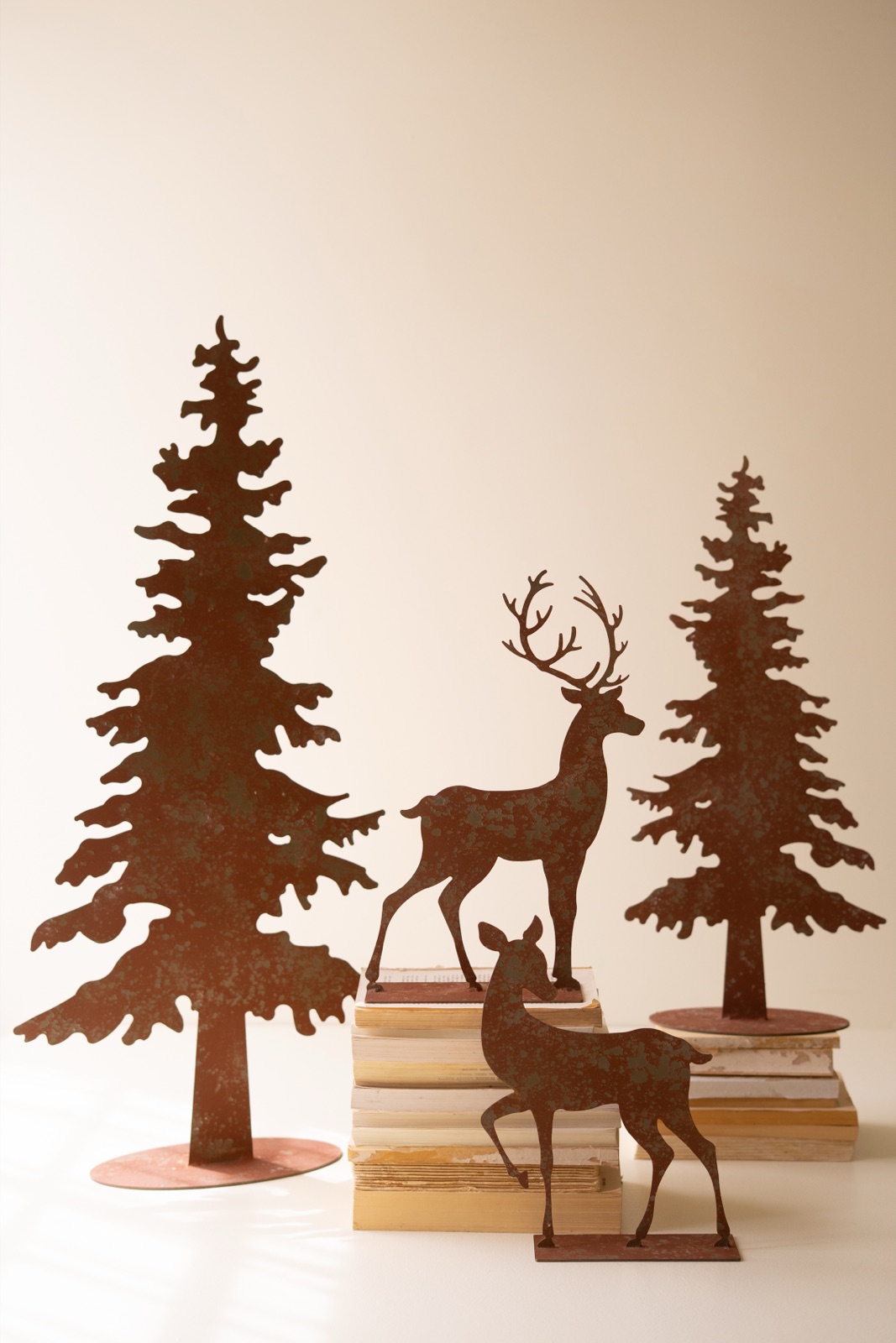 Set of Four Rustic Metal Christmas Trees and Reindeer