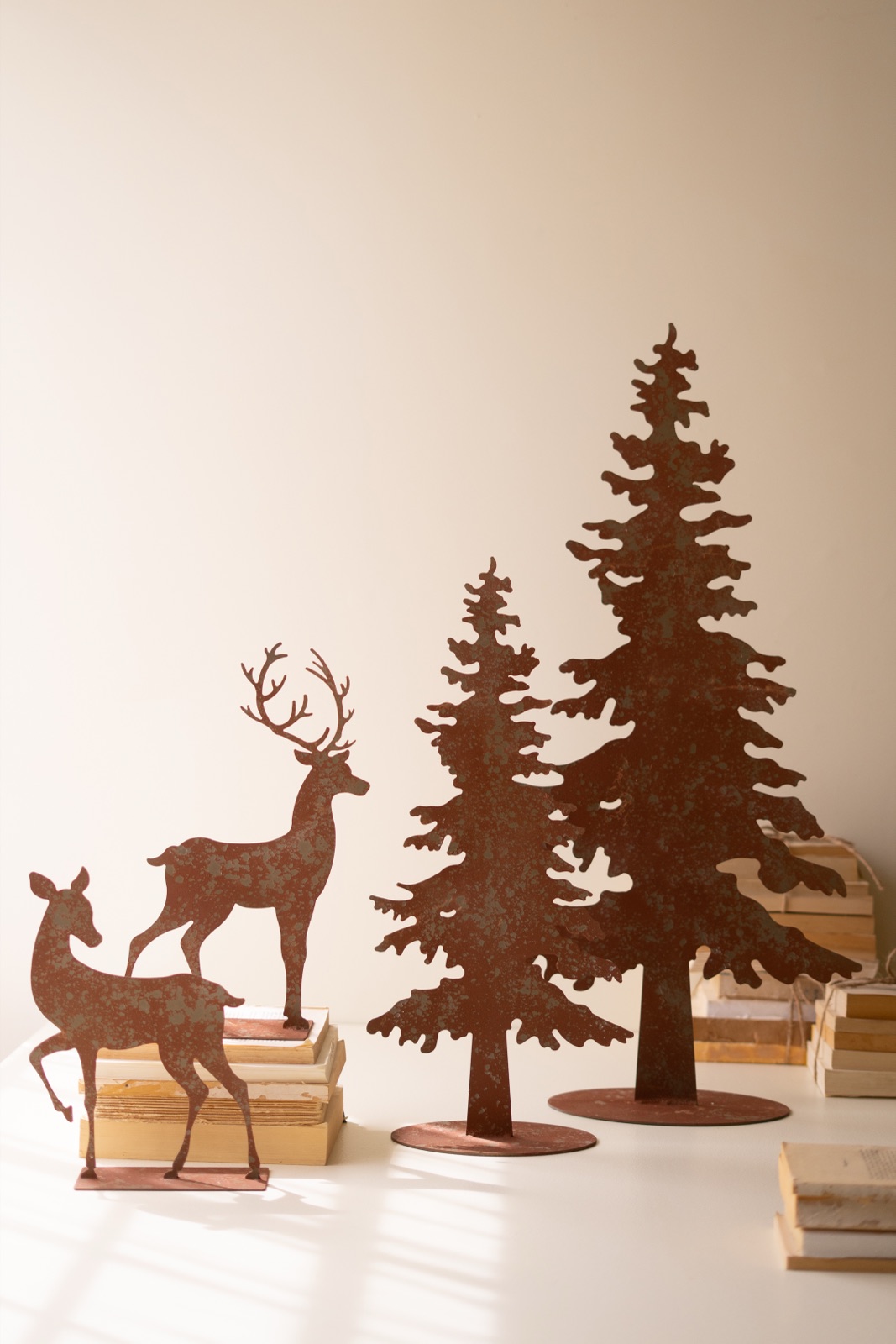 Set of Four Rustic Metal Christmas Trees and Reindeer