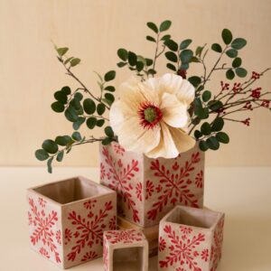 Set of Four Square Cement Christmas Planters with Red Detail