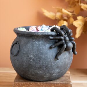 Black Terracota Halloween Candy Cauldron with Spider