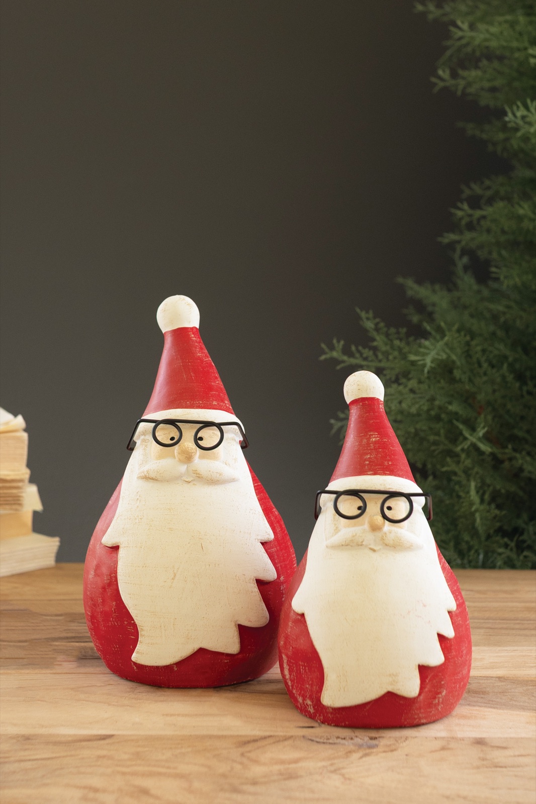 Set of Two Cement Santas with Glasses