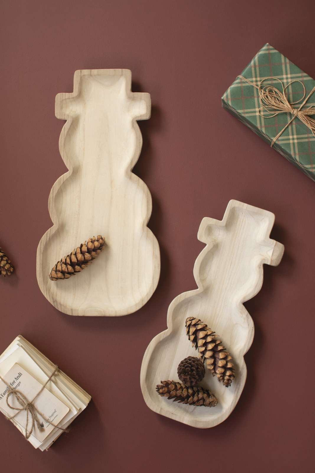 Set of Two Carved Wood Snowmen Trays