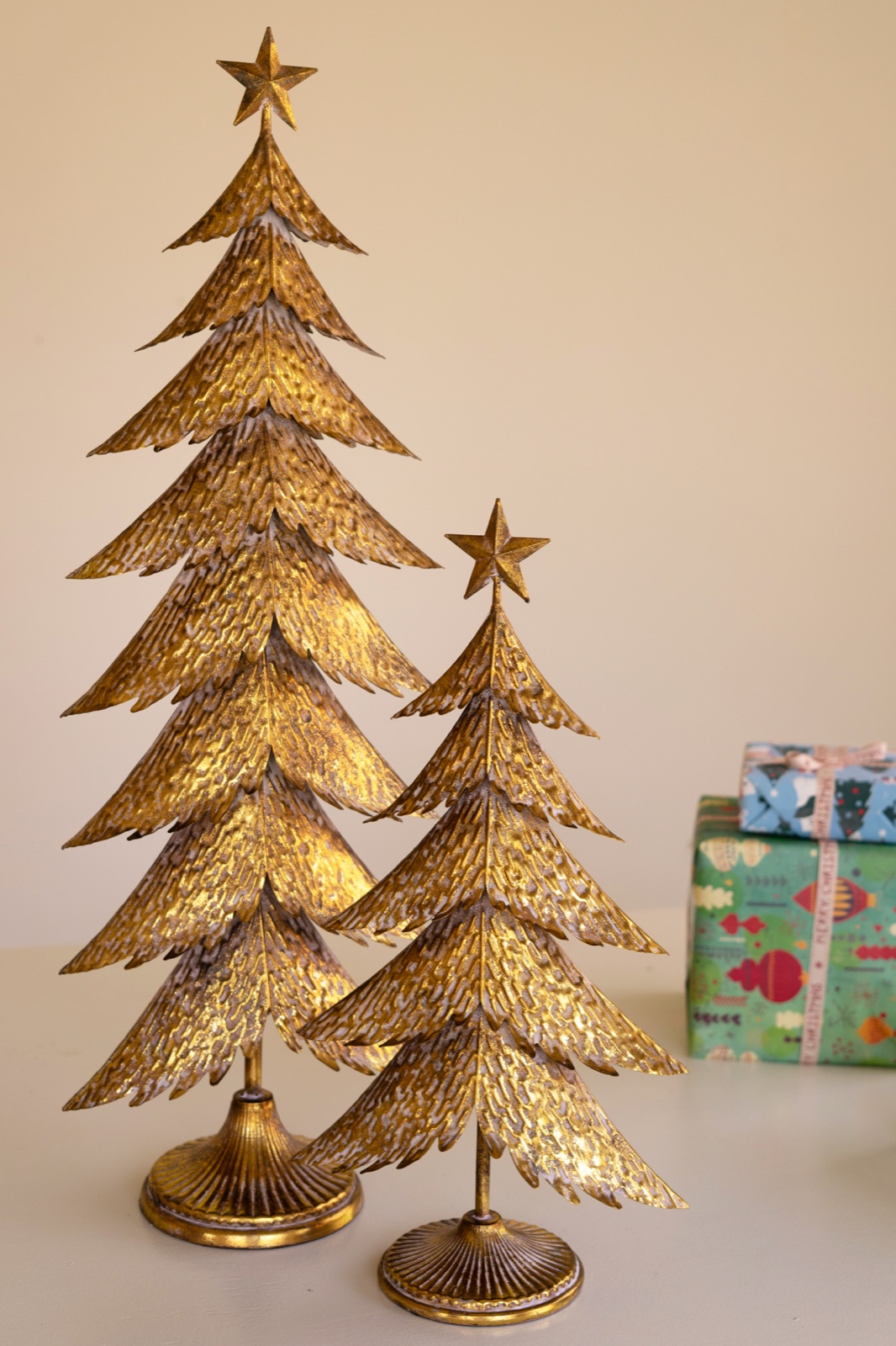 Set of Two Antique Gold Christmas Trees