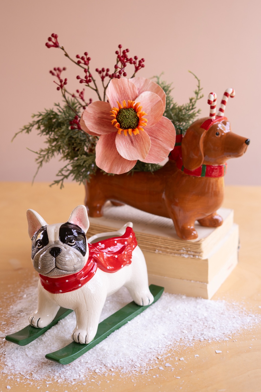 Ceramic Christmas Dachshund Planter - Candy Cane