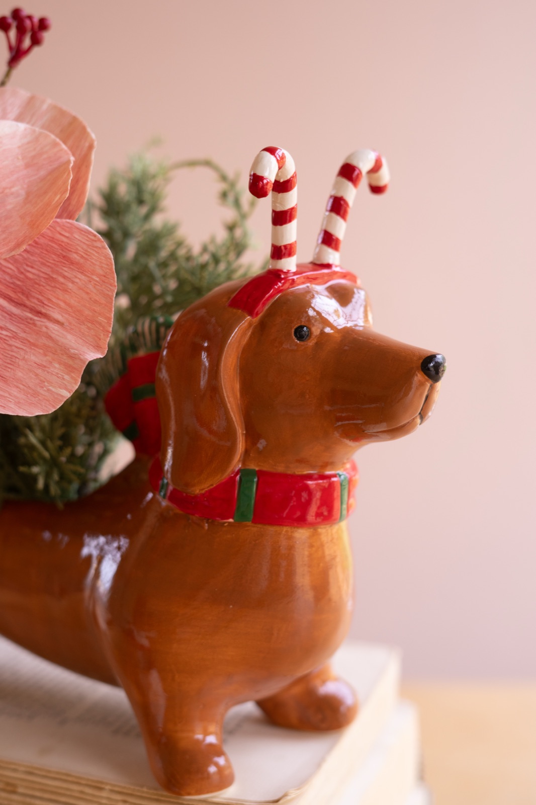 Ceramic Christmas Dachshund Planter - Candy Cane