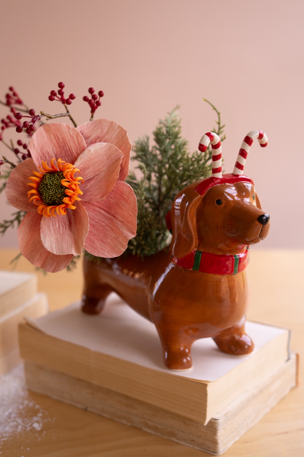 Ceramic Christmas Dachshund Planter - Candy Cane