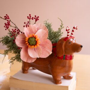 Ceramic Christmas Dachshund Planter - Candy Cane
