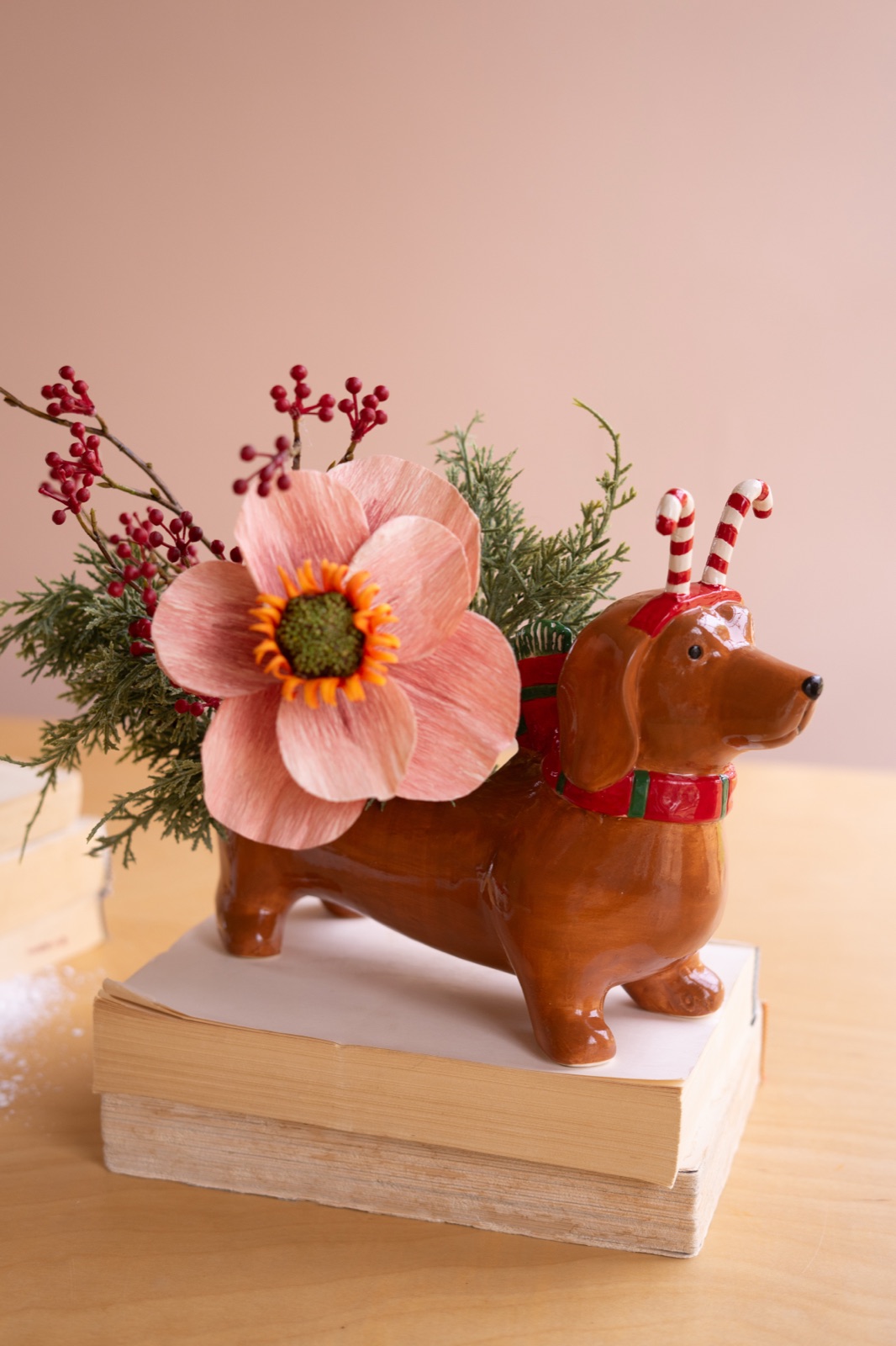 Ceramic Christmas Dachshund Planter - Candy Cane