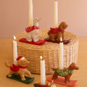 Set of Five Ceramic Christmas Dog Taper Candle Holders