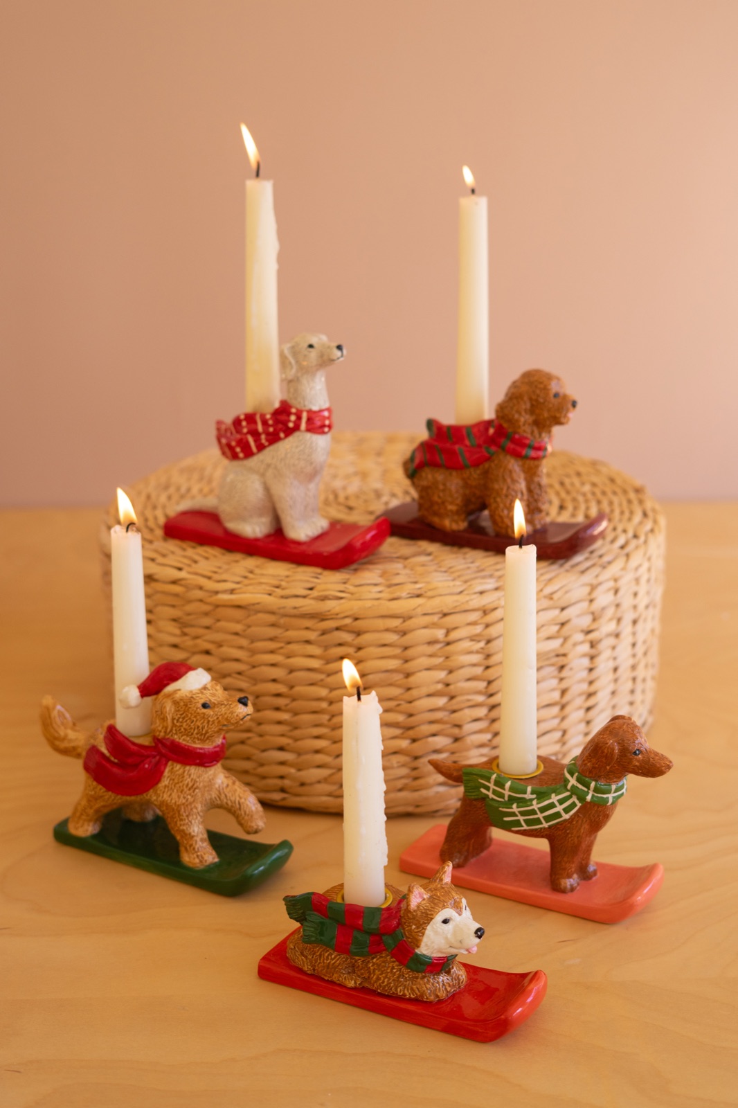 Set of Five Ceramic Christmas Dog Taper Candle Holders