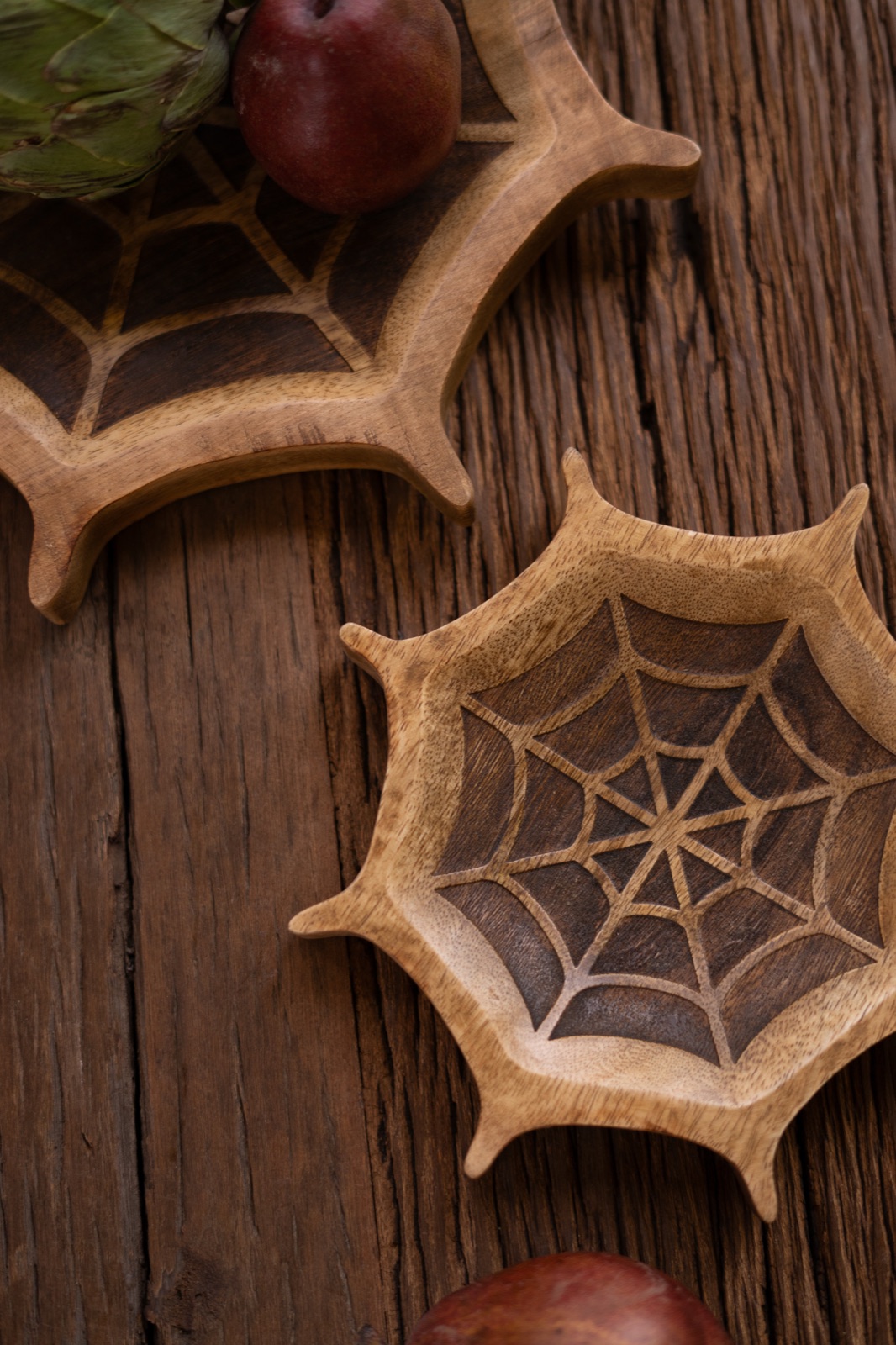 Set of Two Carved Mango Wood Halloween Spider Webs