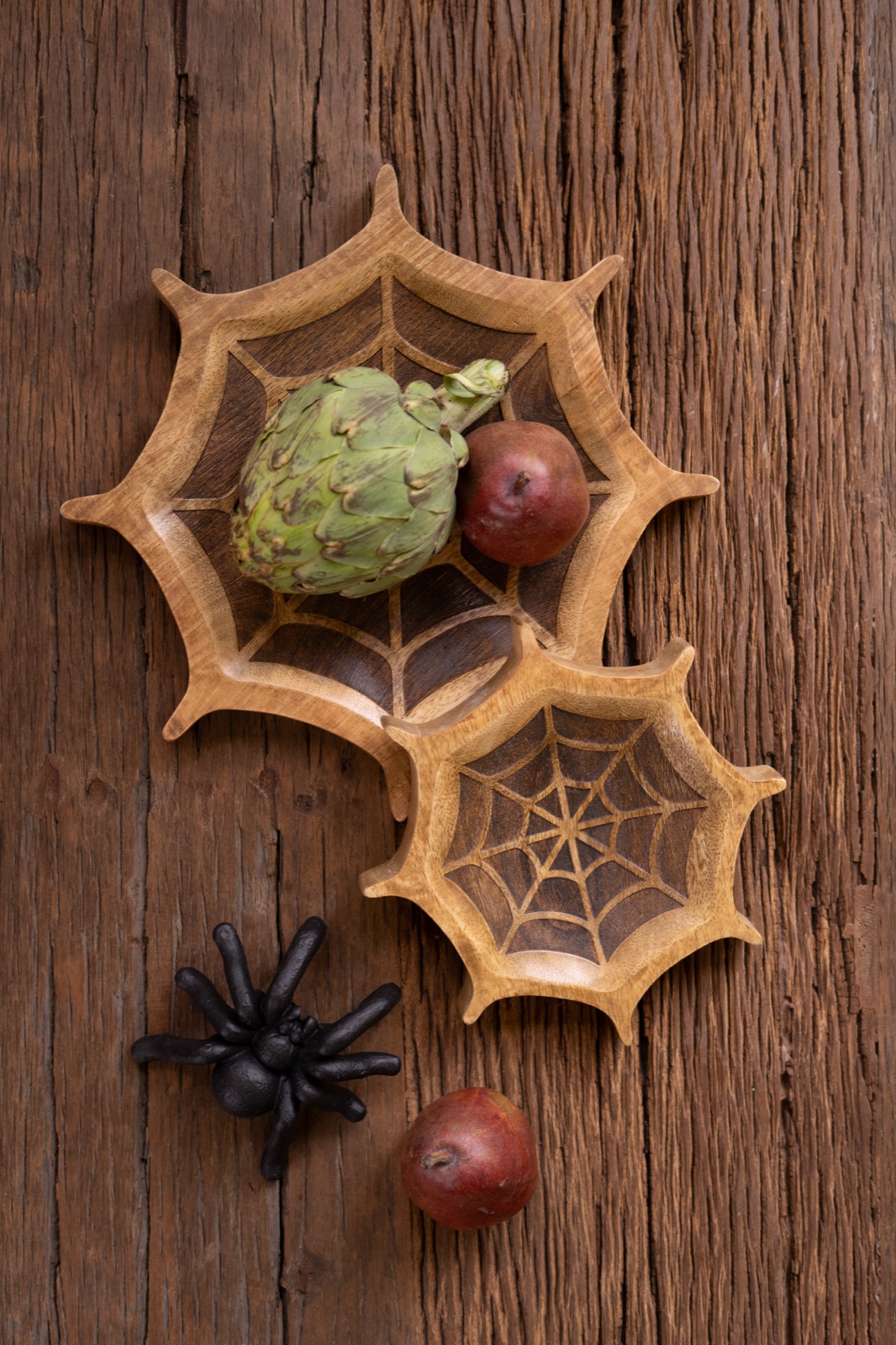 Set of Two Carved Mango Wood Halloween Spider Webs