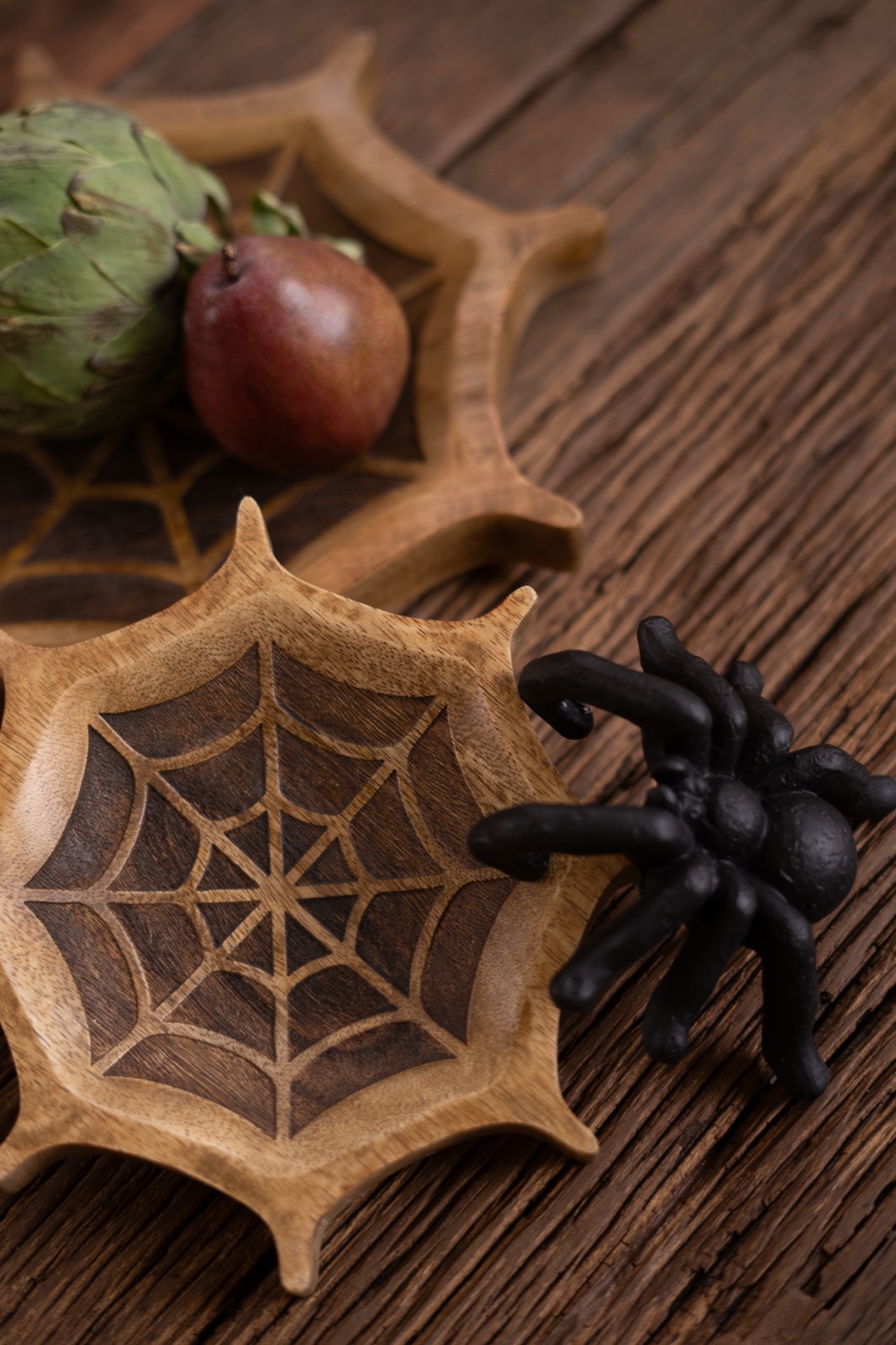 Set of Two Carved Mango Wood Halloween Spider Webs