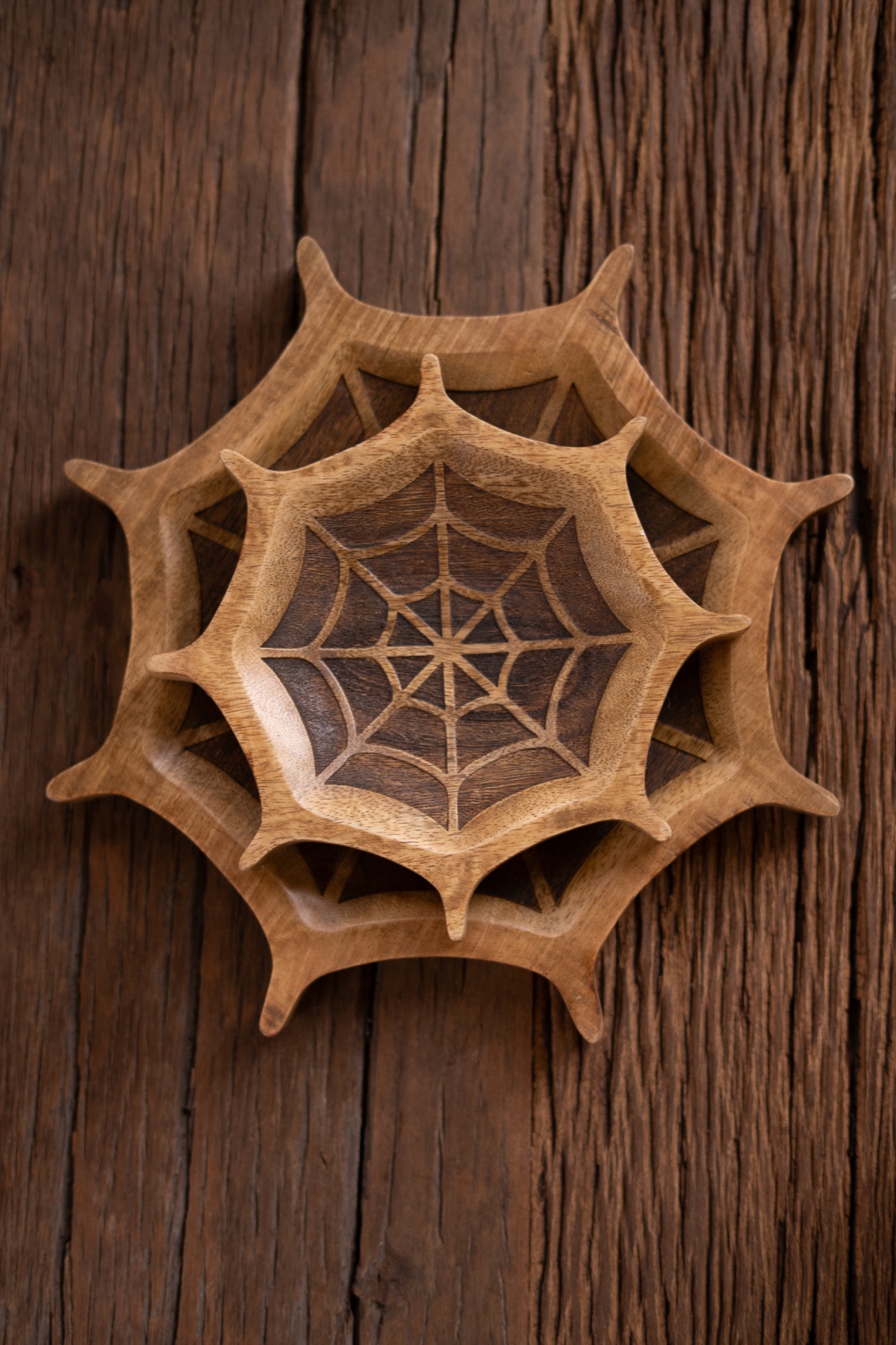 Set of Two Carved Mango Wood Halloween Spider Webs