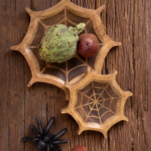 Set of Two Carved Mango Wood Halloween Spider Webs
