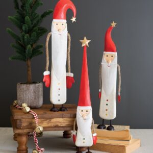 Set of Three Painted Metal and Wood Santas with Rope Arms