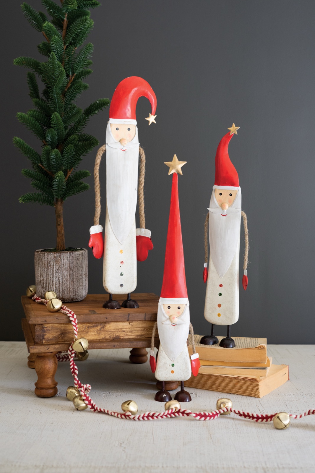 Set of Three Painted Metal and Wood Santas with Rope Arms