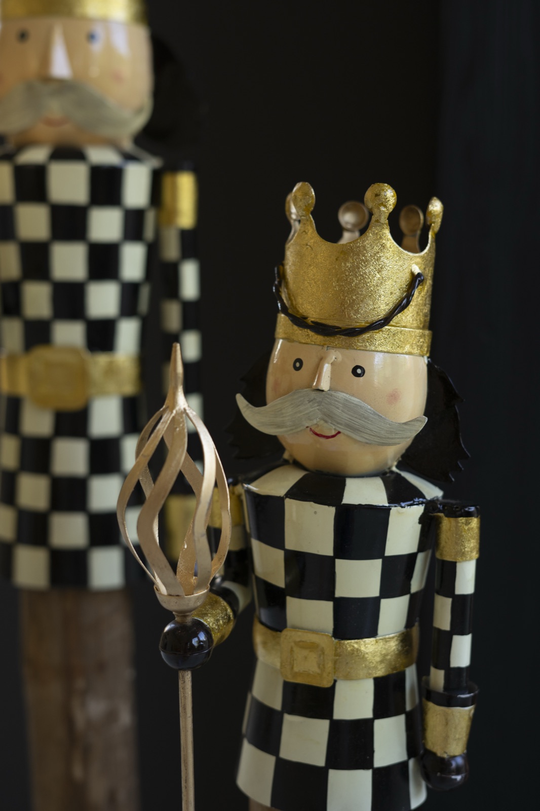 Set of Two Painted Metal and Wood Checkerboard Nutcrackers