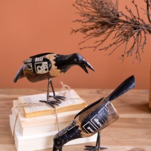 Set of Two Recycled Metal and Wood Crows