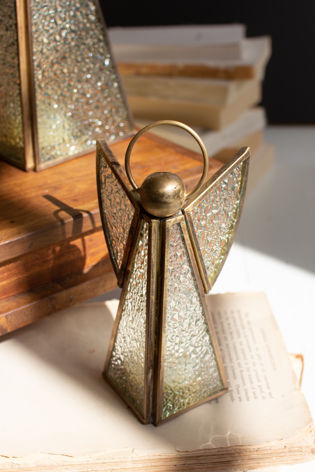 Set of Three Antique Brass and Glass Christmas Angels Tlite Holder