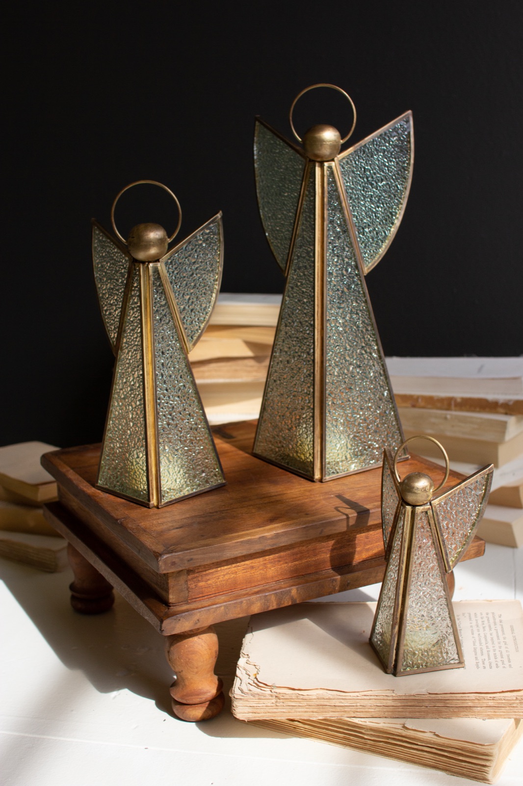 Set of Three Antique Brass and Glass Christmas Angels Tlite Holder