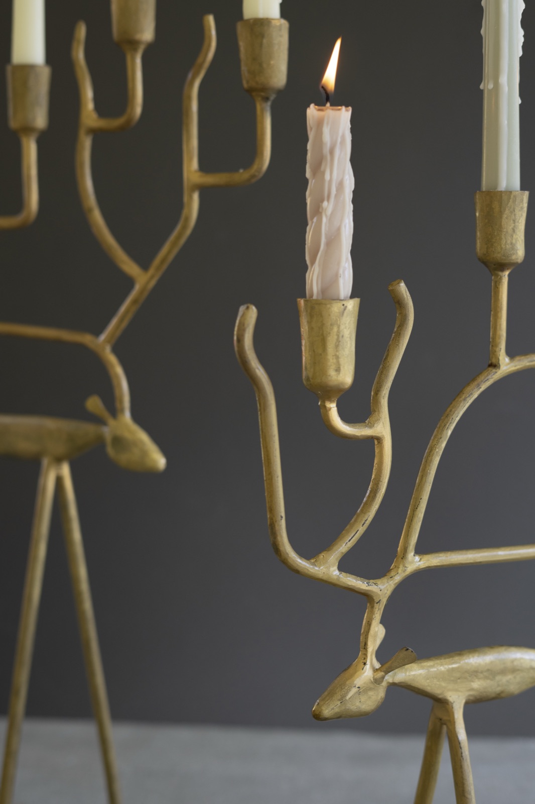 Set of Two Antique Gold Forged Christmas Deer Candelabras